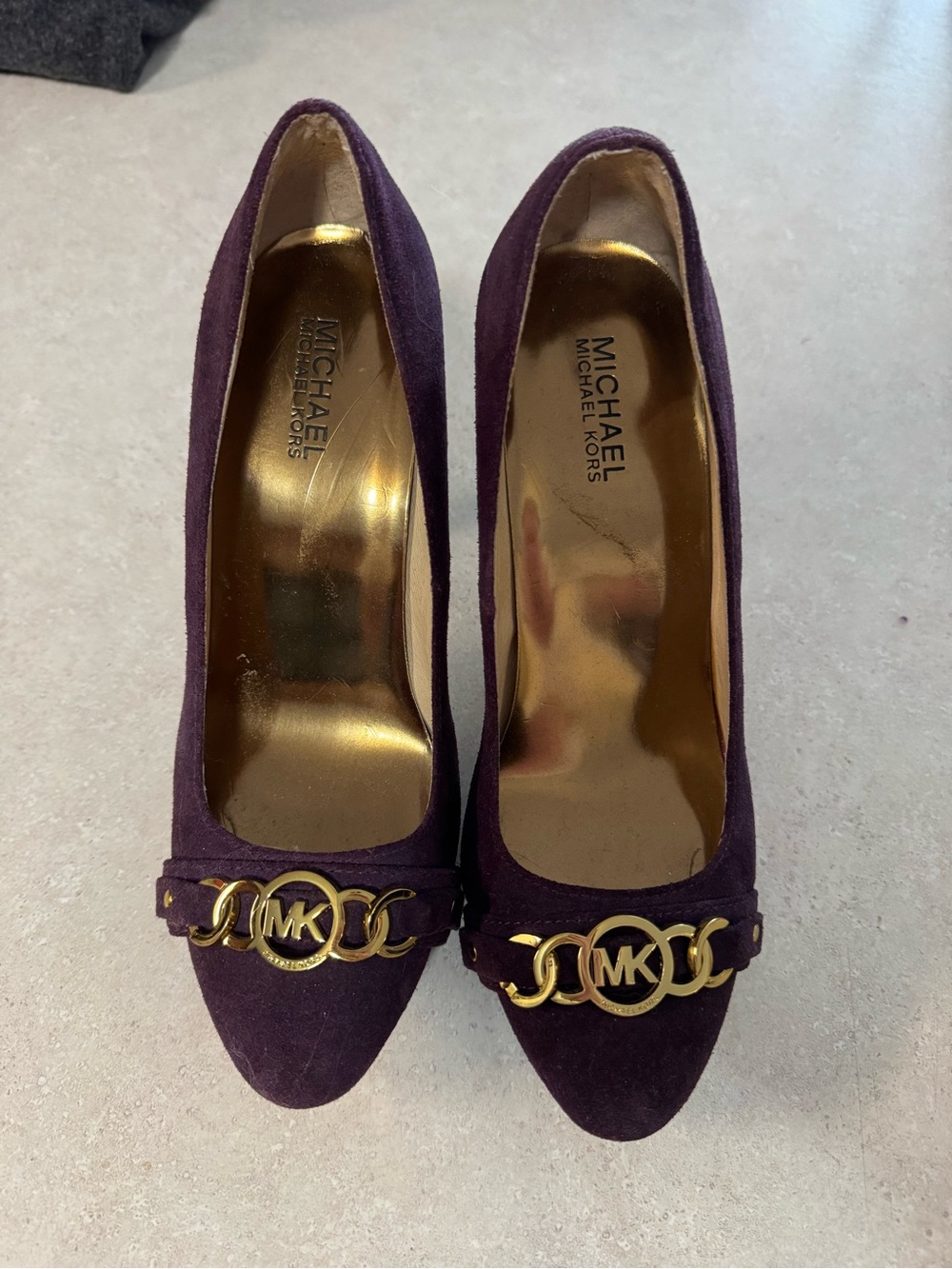 Michael Kors Women's Purple Suede Pointed-Toe Pumps with Gold MK Accent